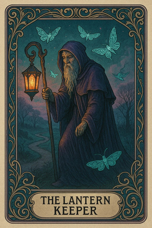 Example output from the Art Nouveau Tarot Cards ChatGPT prompt: symbolic tarot cards in lush Art Nouveau style. The Lantern Keeper.
