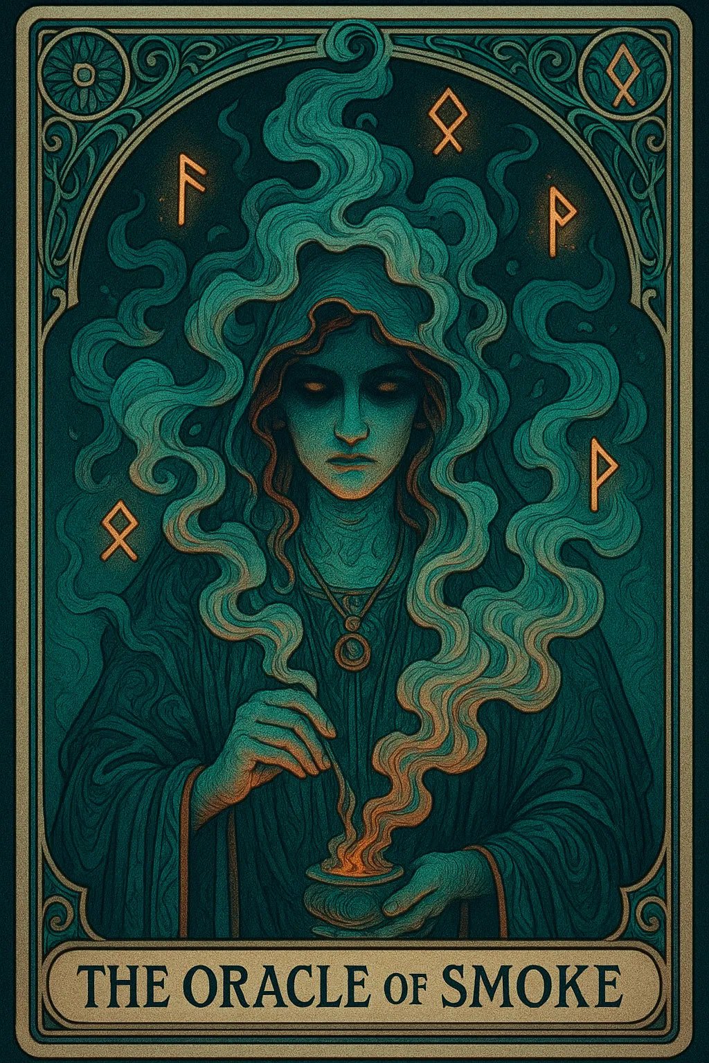 Example output from the Art Nouveau Tarot Cards ChatGPT prompt: symbolic tarot cards in lush Art Nouveau style. The Oracle of Smoke.