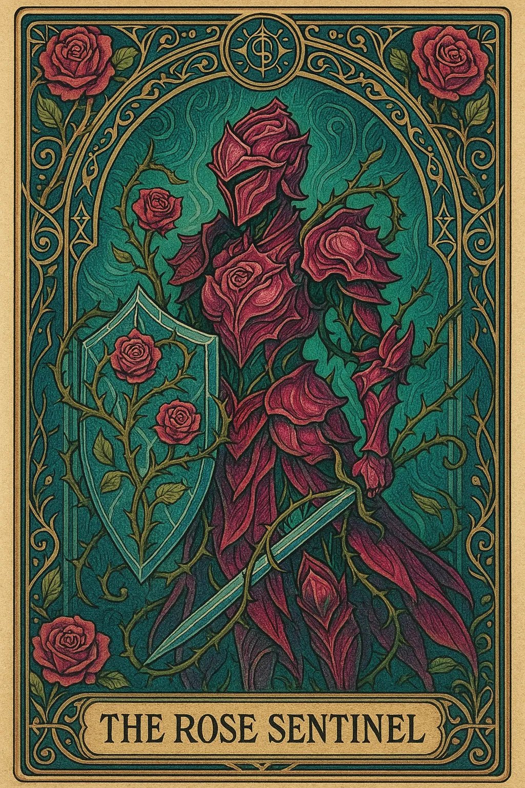 Example output from the Art Nouveau Tarot Cards ChatGPT prompt: symbolic tarot cards in lush Art Nouveau style. The Rose Sentinel.
