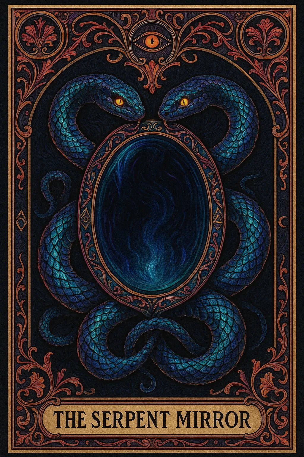 Example output from the Art Nouveau Tarot Cards ChatGPT prompt: symbolic tarot cards in lush Art Nouveau style. The Serpent Mirror.