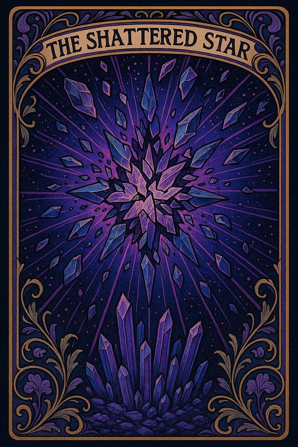 Example output from the Art Nouveau Tarot Cards ChatGPT prompt: symbolic tarot cards in lush Art Nouveau style. The Shattered Star.