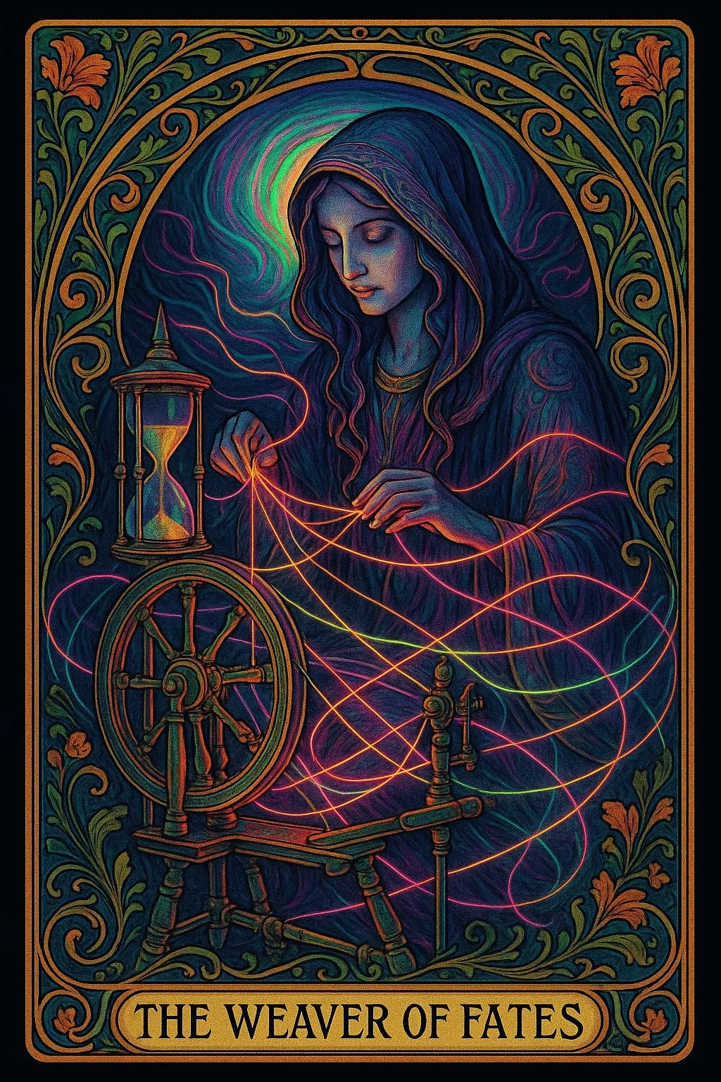 Example output from the Art Nouveau Tarot Cards ChatGPT prompt: symbolic tarot cards in lush Art Nouveau style. The Weaver of Fates.