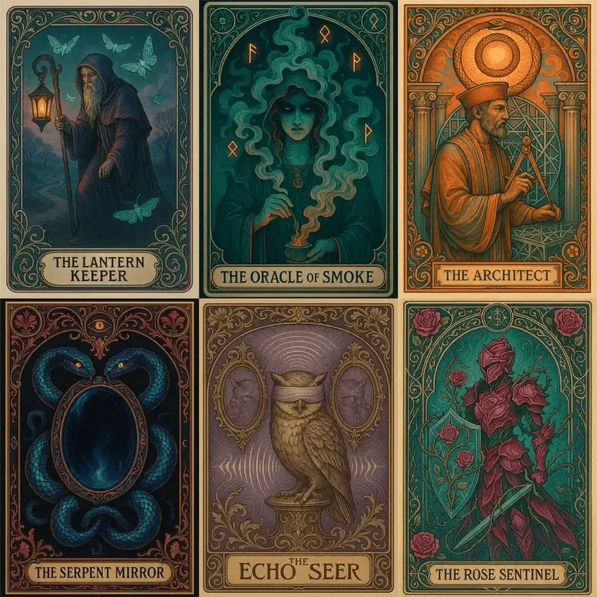 Example output from the Art Nouveau Tarot Cards ChatGPT prompt: symbolic tarot cards in lush Art Nouveau style, featuring engraved textures, vivid color blends, mythic characters, and ornate borders with built-in text.