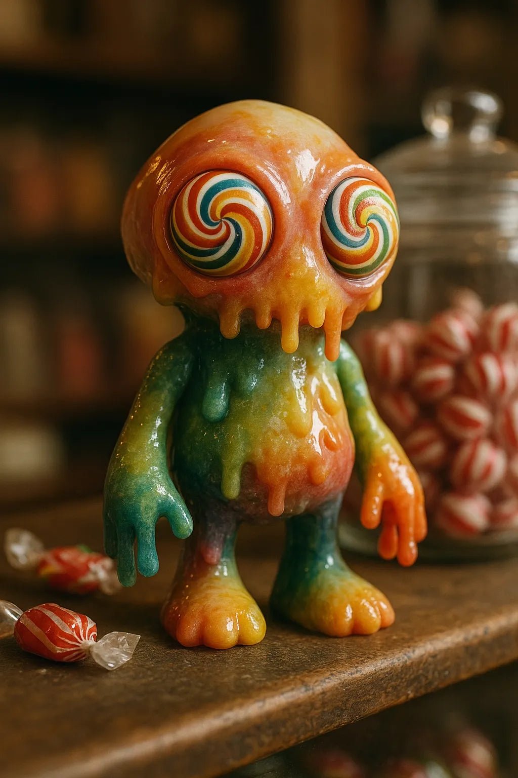 Example output from the Art Toys In Realistic Scene Renders ChatGPT prompt: collectible toy characters rendered in lifelike settings with ambient lighting, stitching, surface wear, and soft filmic focus—ideal for display or packaging mockups. Candy Alien.