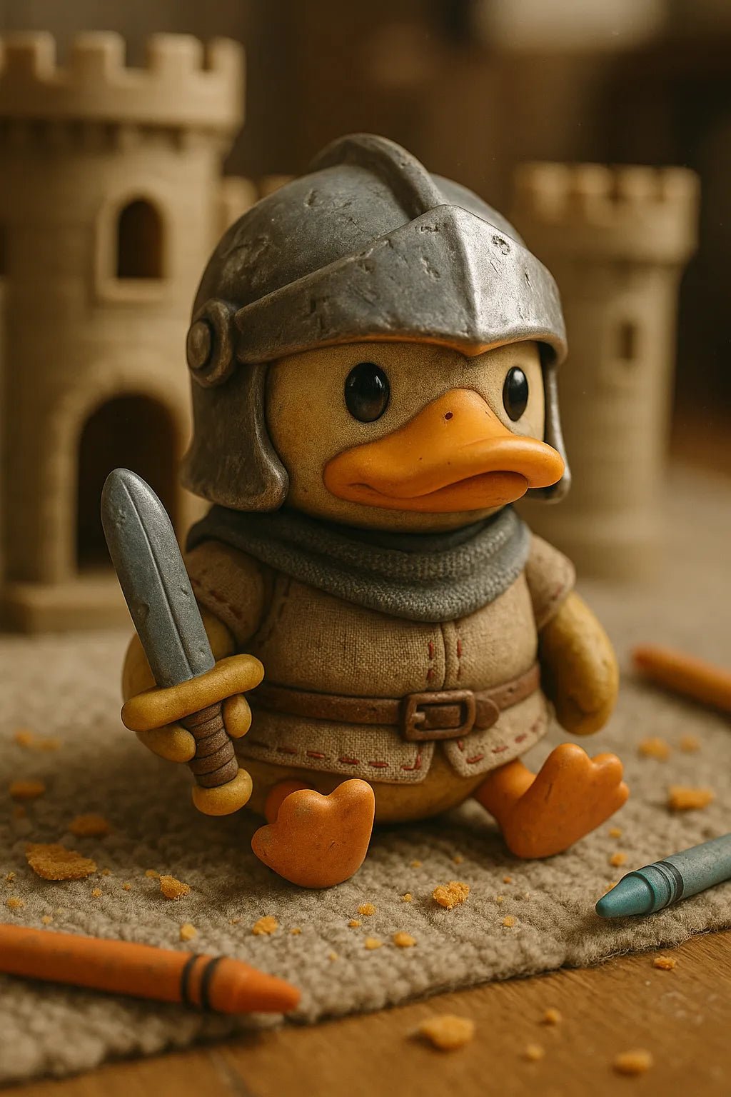 Example output from the Art Toys In Realistic Scene Renders ChatGPT prompt: collectible toy characters rendered in lifelike settings with ambient lighting, stitching, surface wear, and soft filmic focus—ideal for display or packaging mockups. Duck.
