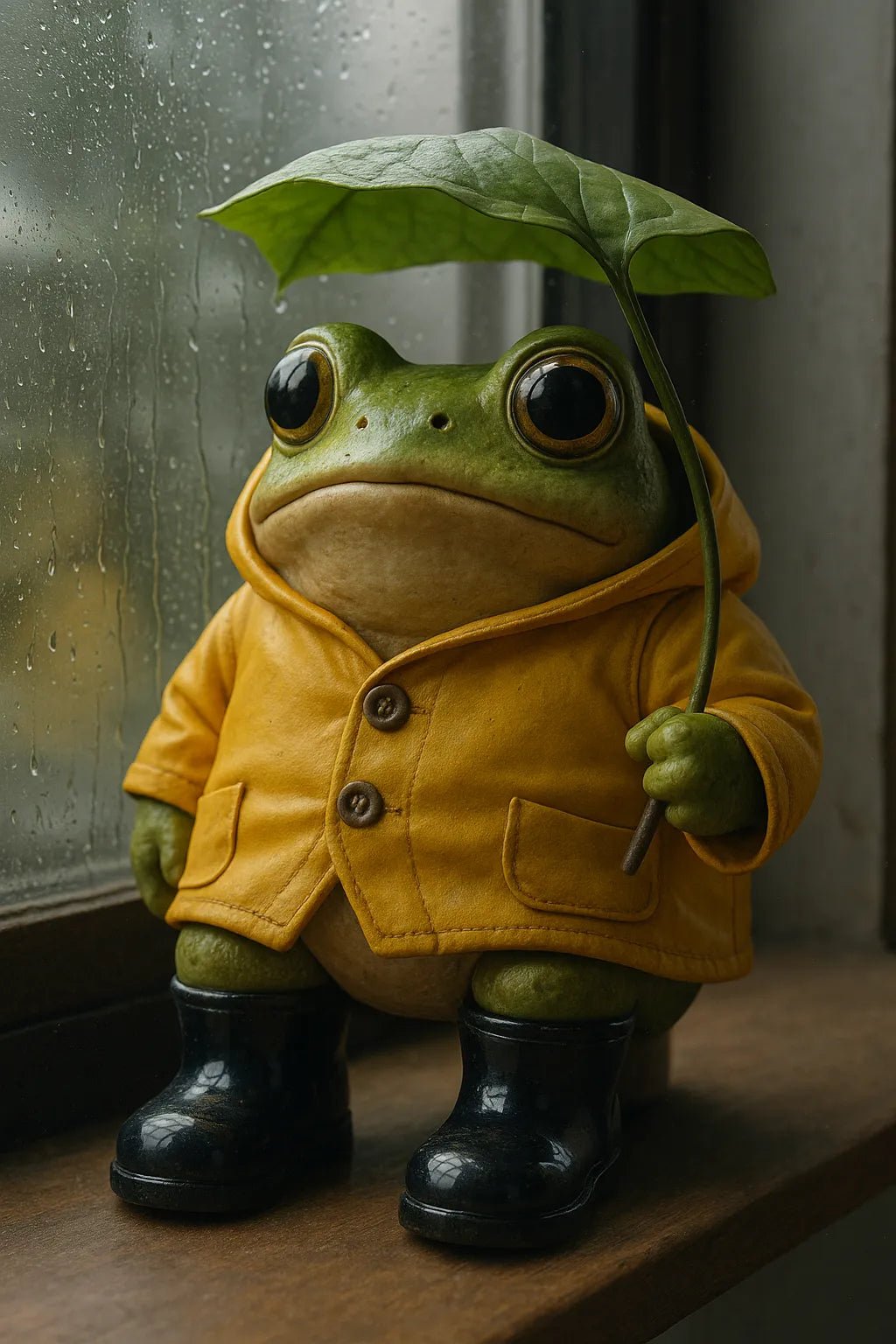 Example output from the Art Toys In Realistic Scene Renders ChatGPT prompt: collectible toy characters rendered in lifelike settings with ambient lighting, stitching, surface wear, and soft filmic focus—ideal for display or packaging mockups. Frog.