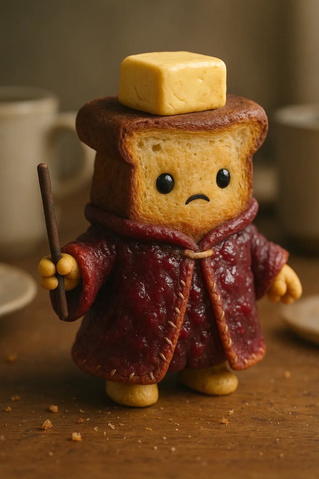 Example output from the Art Toys In Realistic Scene Renders ChatGPT prompt: collectible toy characters rendered in lifelike settings with ambient lighting, stitching, surface wear, and soft filmic focus—ideal for display or packaging mockups. Magician Bread.