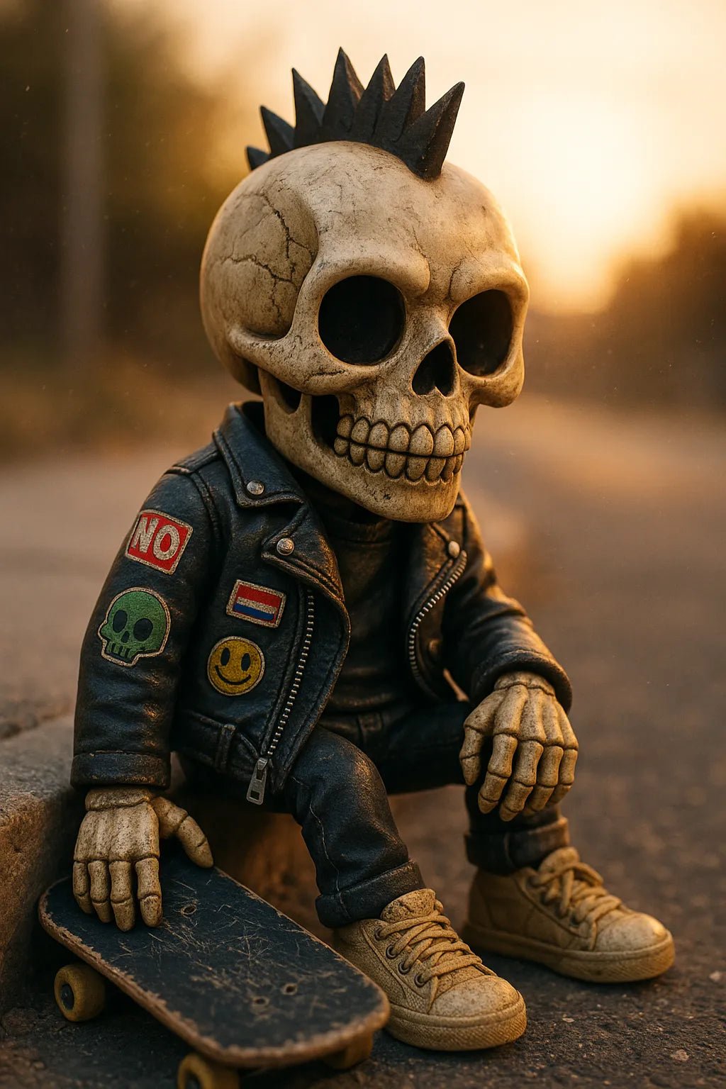 Example output from the Art Toys In Realistic Scene Renders ChatGPT prompt: collectible toy characters rendered in lifelike settings with ambient lighting, stitching, surface wear, and soft filmic focus—ideal for display or packaging mockups. Skull.