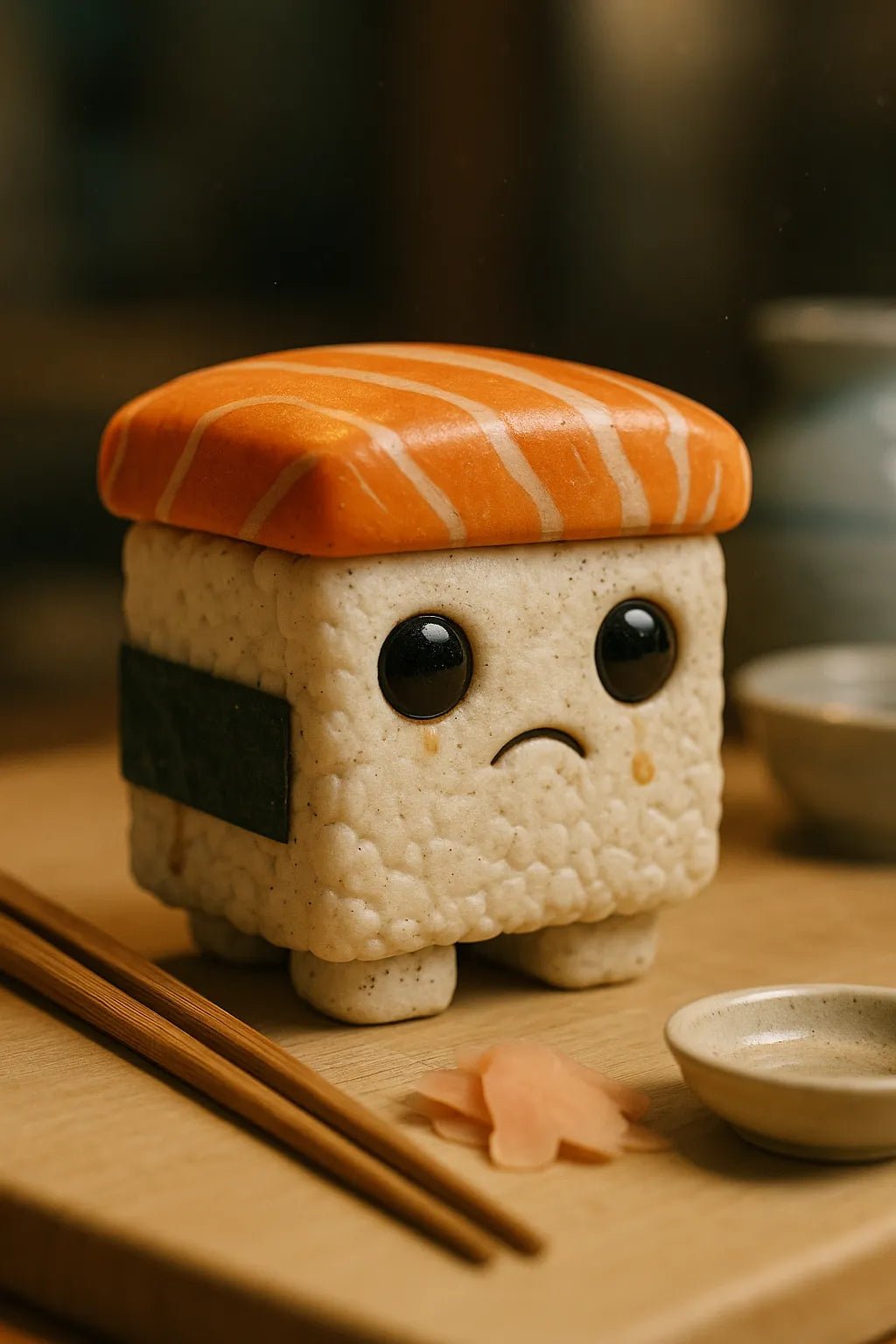 Example output from the Art Toys In Realistic Scene Renders ChatGPT prompt: collectible toy characters rendered in lifelike settings with ambient lighting, stitching, surface wear, and soft filmic focus—ideal for display or packaging mockups. Square Sushi.