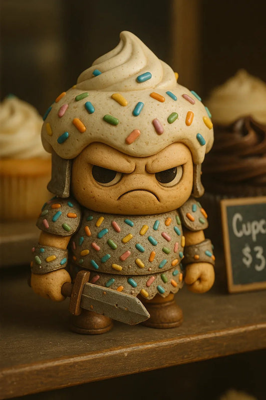Example output from the Art Toys In Realistic Scene Renders ChatGPT prompt: collectible toy characters rendered in lifelike settings with ambient lighting, stitching, surface wear, and soft filmic focus—ideal for display or packaging mockups. Warrior Cake.