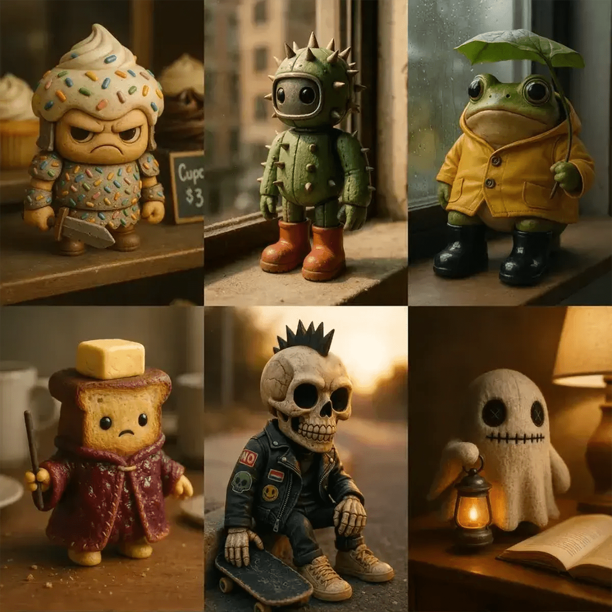 Example output from the Art Toys In Realistic Scene Renders ChatGPT prompt: collectible toy characters rendered in lifelike settings with ambient lighting, stitching, surface wear, and soft filmic focus—ideal for display or packaging mockups.