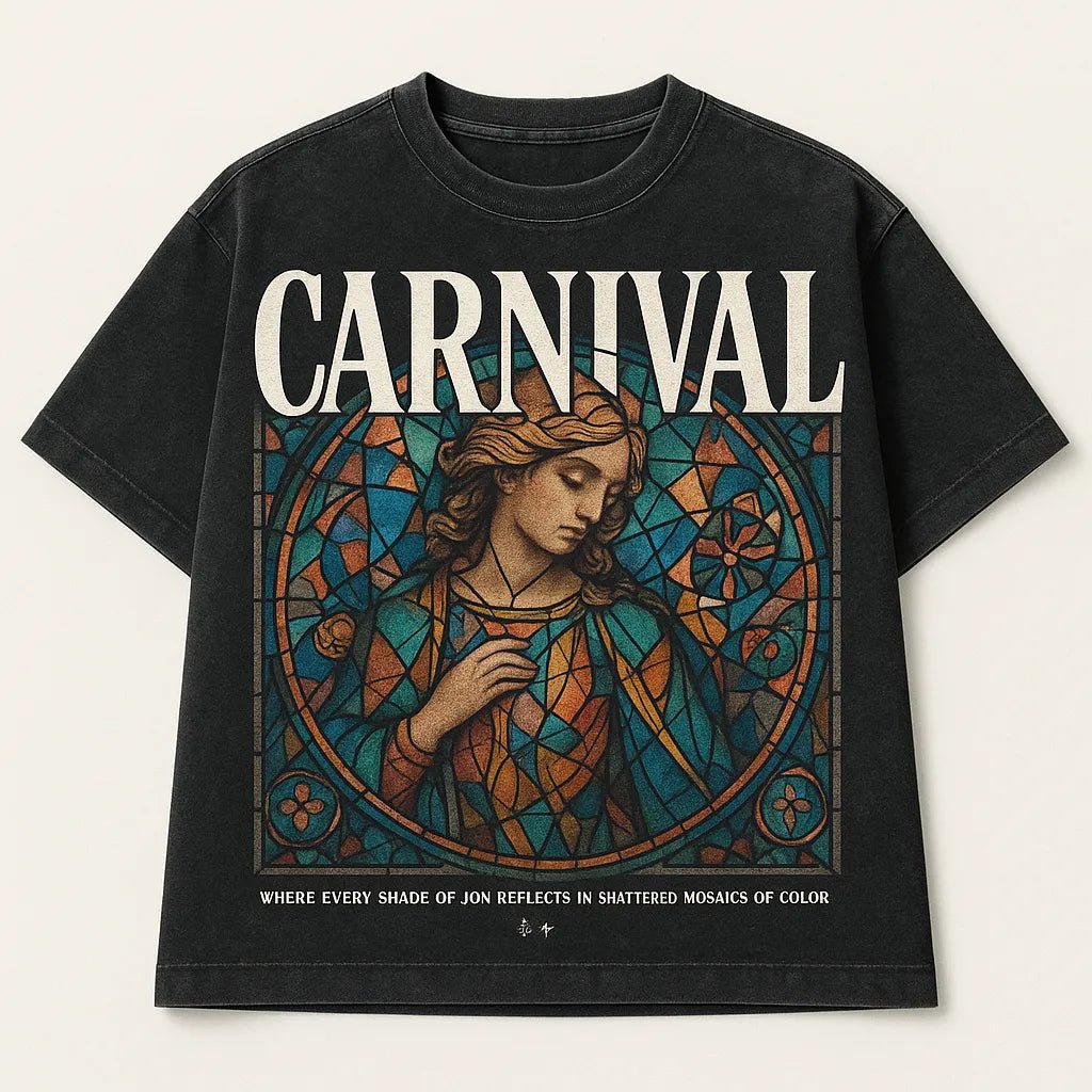 Example output from the Black Acid Wash Stunning T-Shirt Design ChatGPT prompt: dark t-shirts with dramatic renaissance-style art, bold typographic: Carnival.