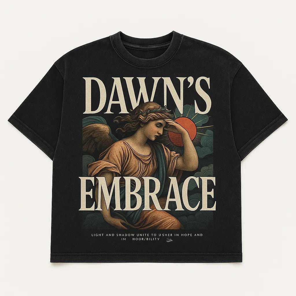 Example output from the Black Acid Wash Stunning T-Shirt Design ChatGPT prompt: dark t-shirts with dramatic renaissance-style art, bold typographic: Dawn's embrace.