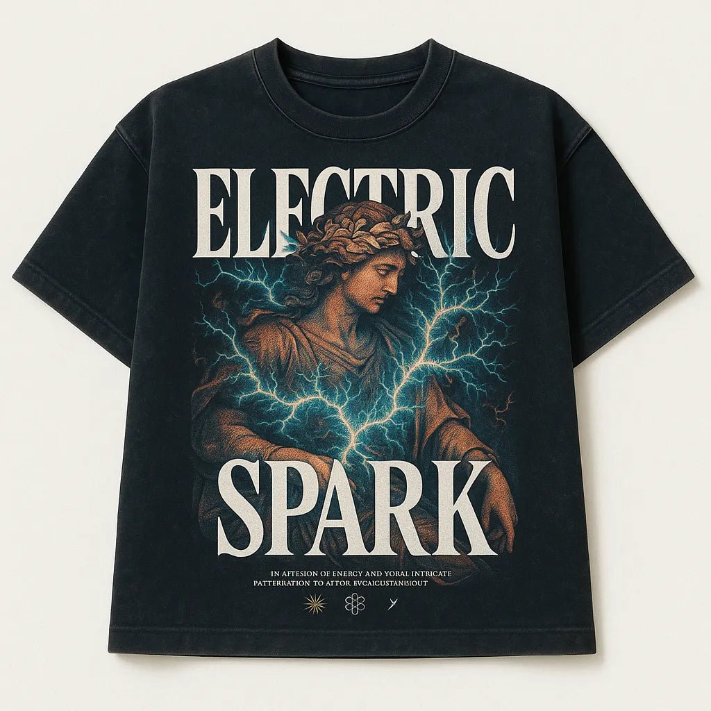 Example output from the Black Acid Wash Stunning T-Shirt Design ChatGPT prompt: dark t-shirts with dramatic renaissance-style art, bold typographic: Electric spark.