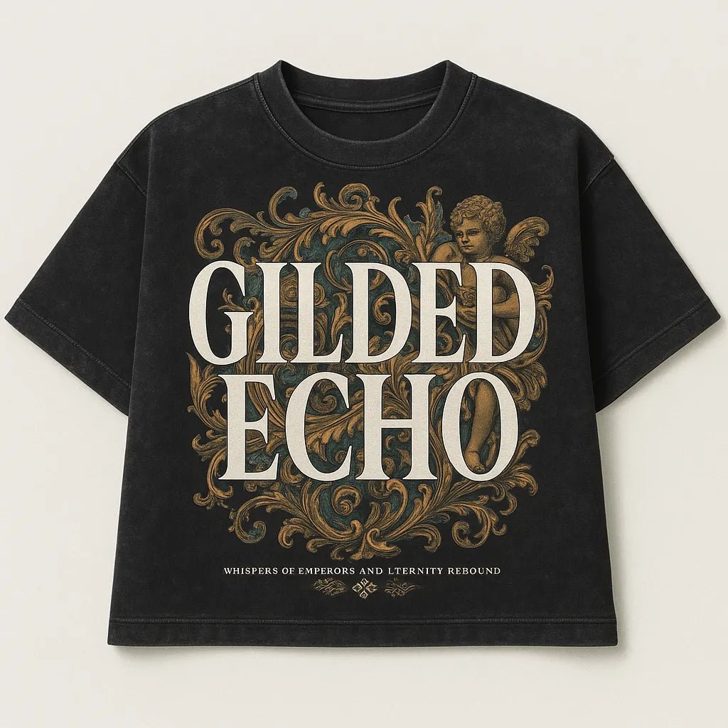 Example output from the Black Acid Wash Stunning T-Shirt Design ChatGPT prompt: dark t-shirts with dramatic renaissance-style art, bold typographic: Gilded echo.