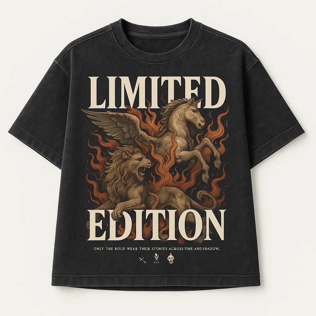 Example output from the Black Acid Wash Stunning T-Shirt Design ChatGPT prompt: dark t-shirts with dramatic renaissance-style art, bold typographic: Limited Edition.