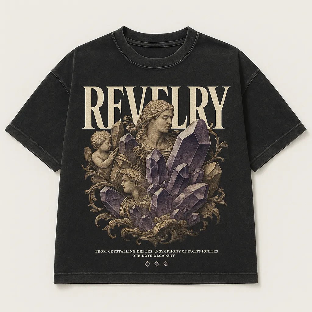 Example output from the Black Acid Wash Stunning T-Shirt Design ChatGPT prompt: dark t-shirts with dramatic renaissance-style art, bold typographic: Revelry.