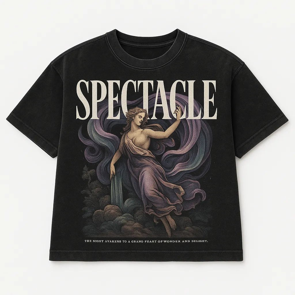 Example output from the Black Acid Wash Stunning T-Shirt Design ChatGPT prompt: dark t-shirts with dramatic renaissance-style art, bold typographic: Spectacle.