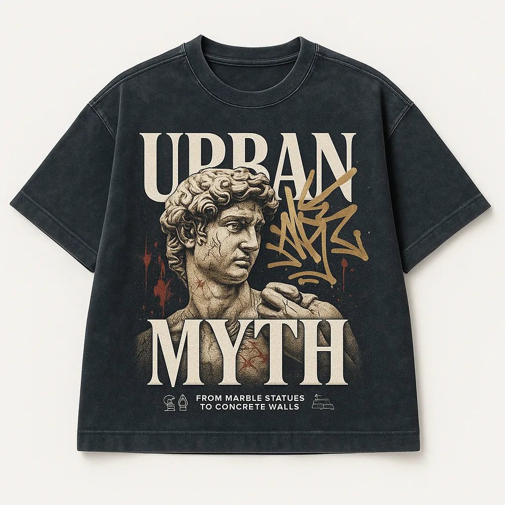 Example output from the Black Acid Wash Stunning T-Shirt Design ChatGPT prompt: dark t-shirts with dramatic renaissance-style art, bold typographic: Urban Myth.