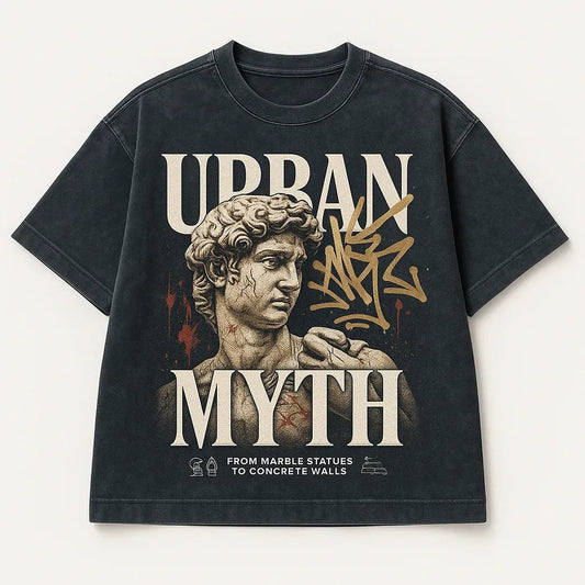 Example output from the Black Acid Wash Stunning T-Shirt Design ChatGPT prompt: dark t-shirts with dramatic renaissance-style art, bold typographic: Urban Myth.