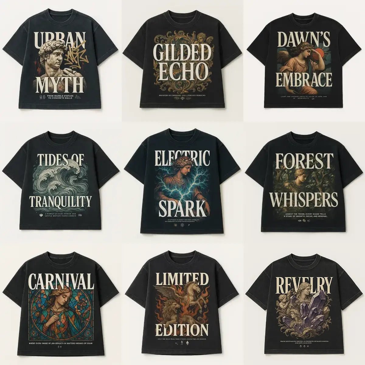 Example output from the Black Acid Wash Stunning T-Shirt Design ChatGPT prompt: dark t-shirts with dramatic renaissance-style art, bold typographic slogans like “Urban Myth” and “Electric Spark,” paired with micro-text quotes and icon strips for cinematic polish.