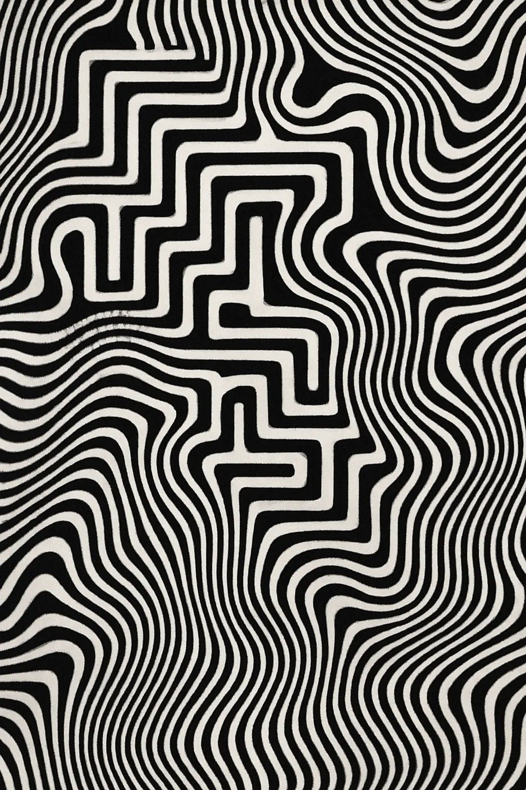 Example output from the Black And White Motion Artworks ChatGPT prompt: hypnotic optical illusion prints in black and white. Preview 9.