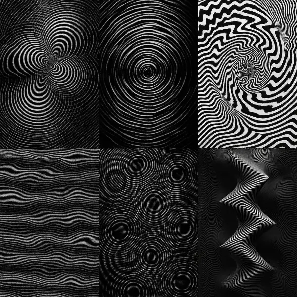 Example output from the Black And White Motion Artworks ChatGPT prompt: hypnotic optical illusion prints in black and white, featuring high-res concentric patterns, clean minimalist framing, and gallery-ready motion effects.