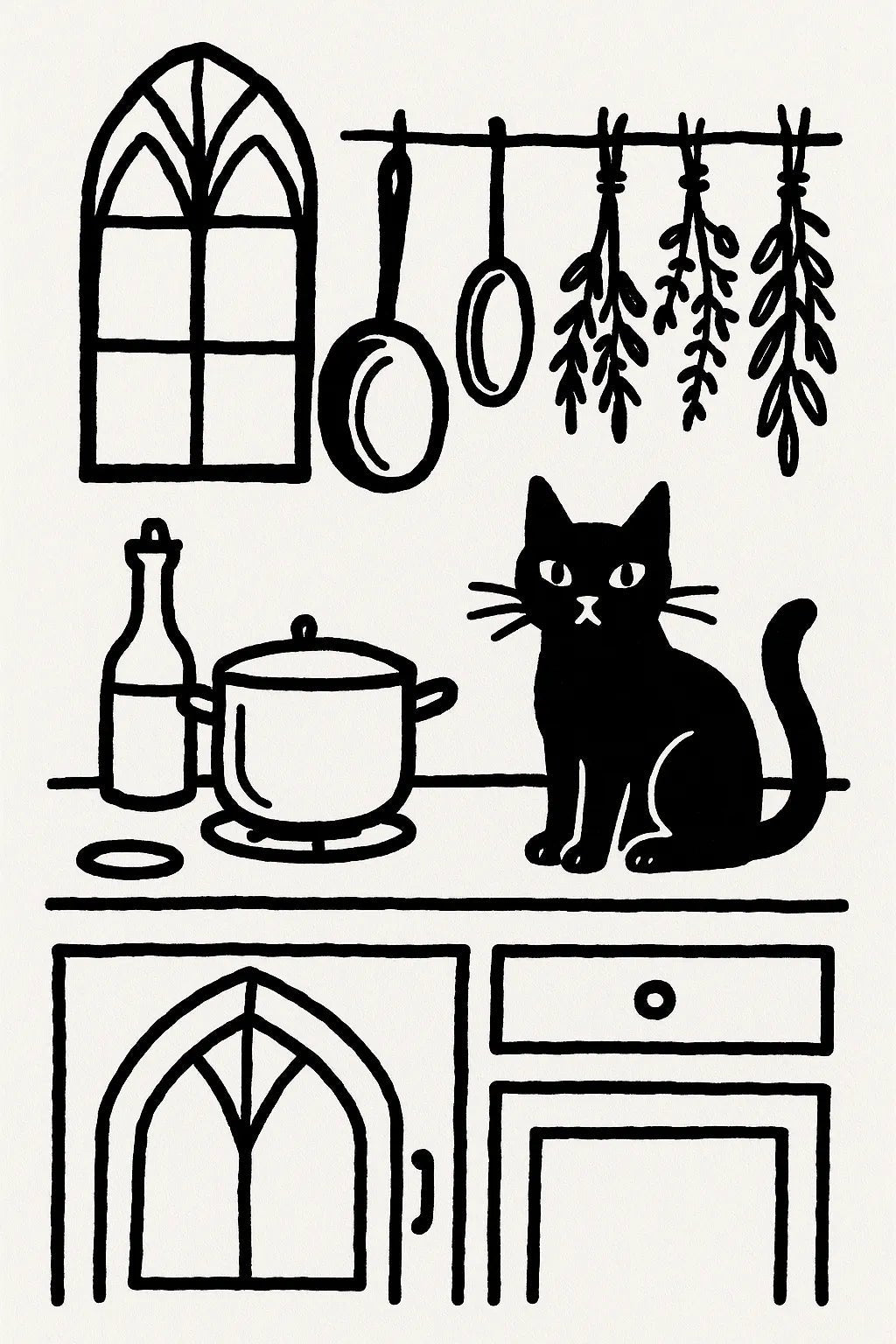 Example output from the Black Ink Line Art Illustrations ChatGPT prompt: Kitchen.