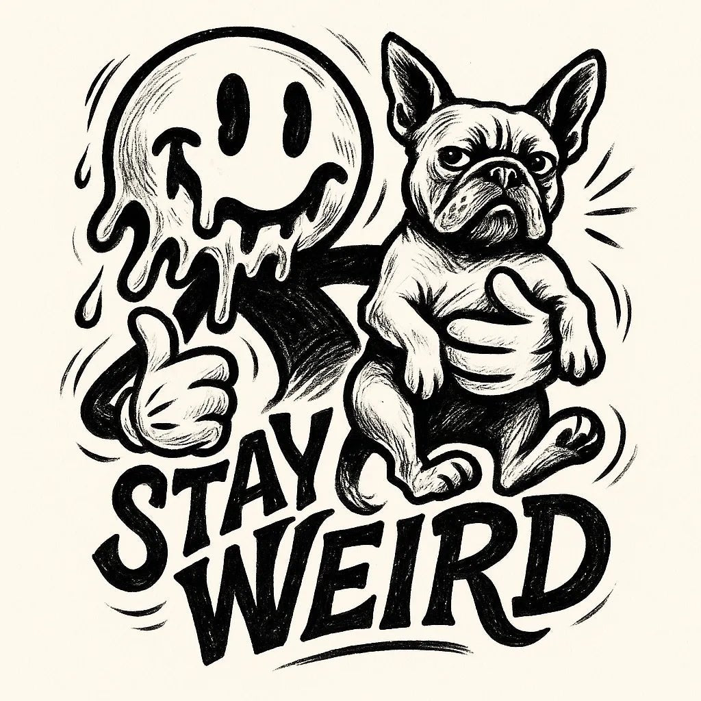 Example output from the Black Ink Streetwear Illustrations ChatGPT prompt: Stay Weird