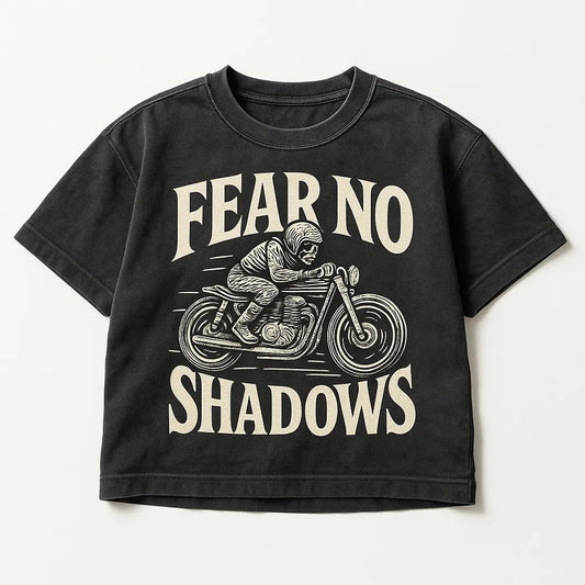 Example output from the Black Washed Streetwear T-Shirt Designs ChatGPT prompt: Fear No Shadows