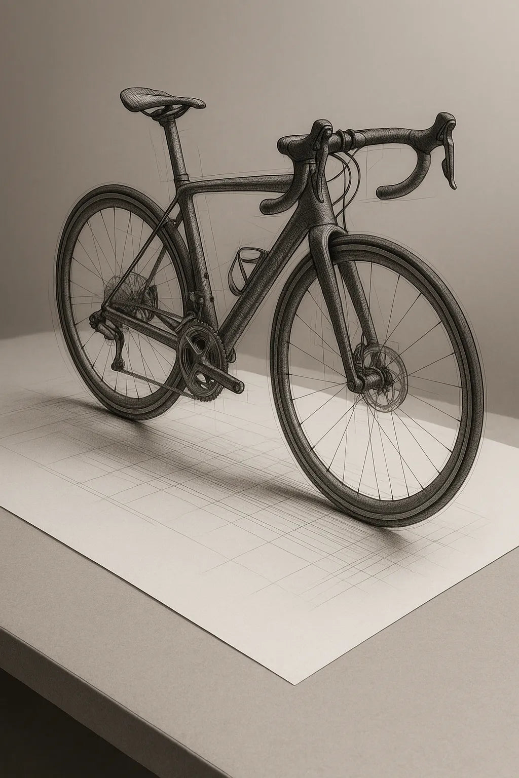 Example output of black-and-white pencil and ink technical sketch generated by a ChatGPT prompt template. Bike.