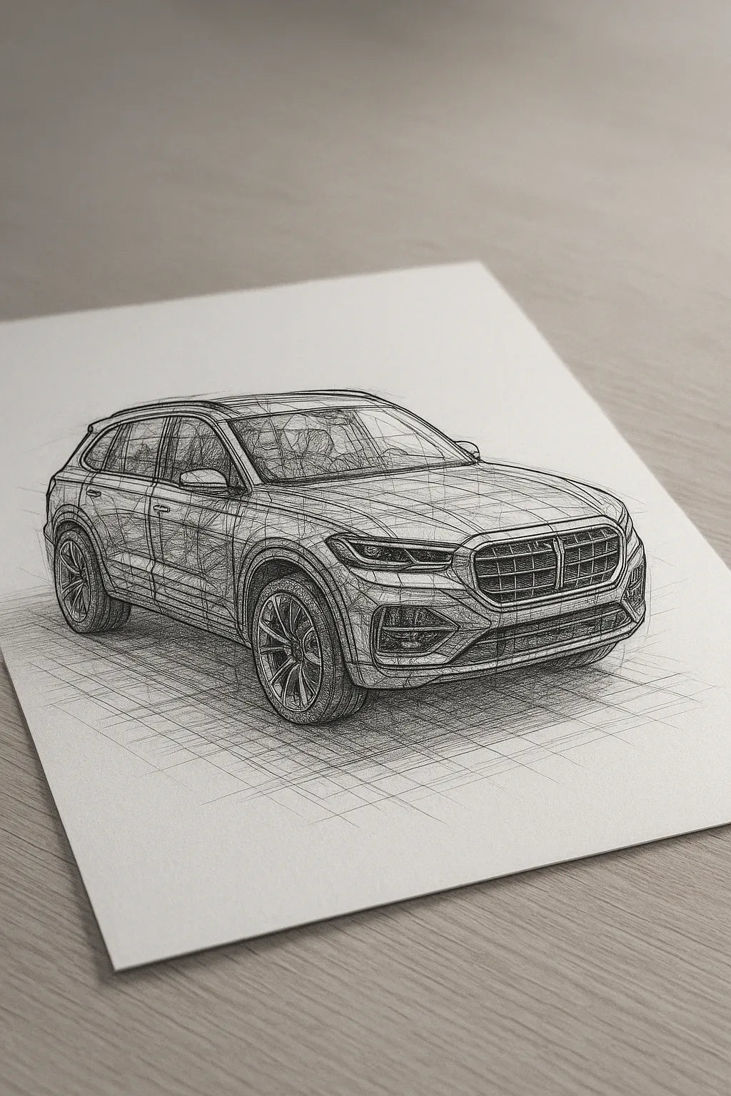 Example output of black-and-white pencil and ink technical sketch generated by a ChatGPT prompt template. Car.