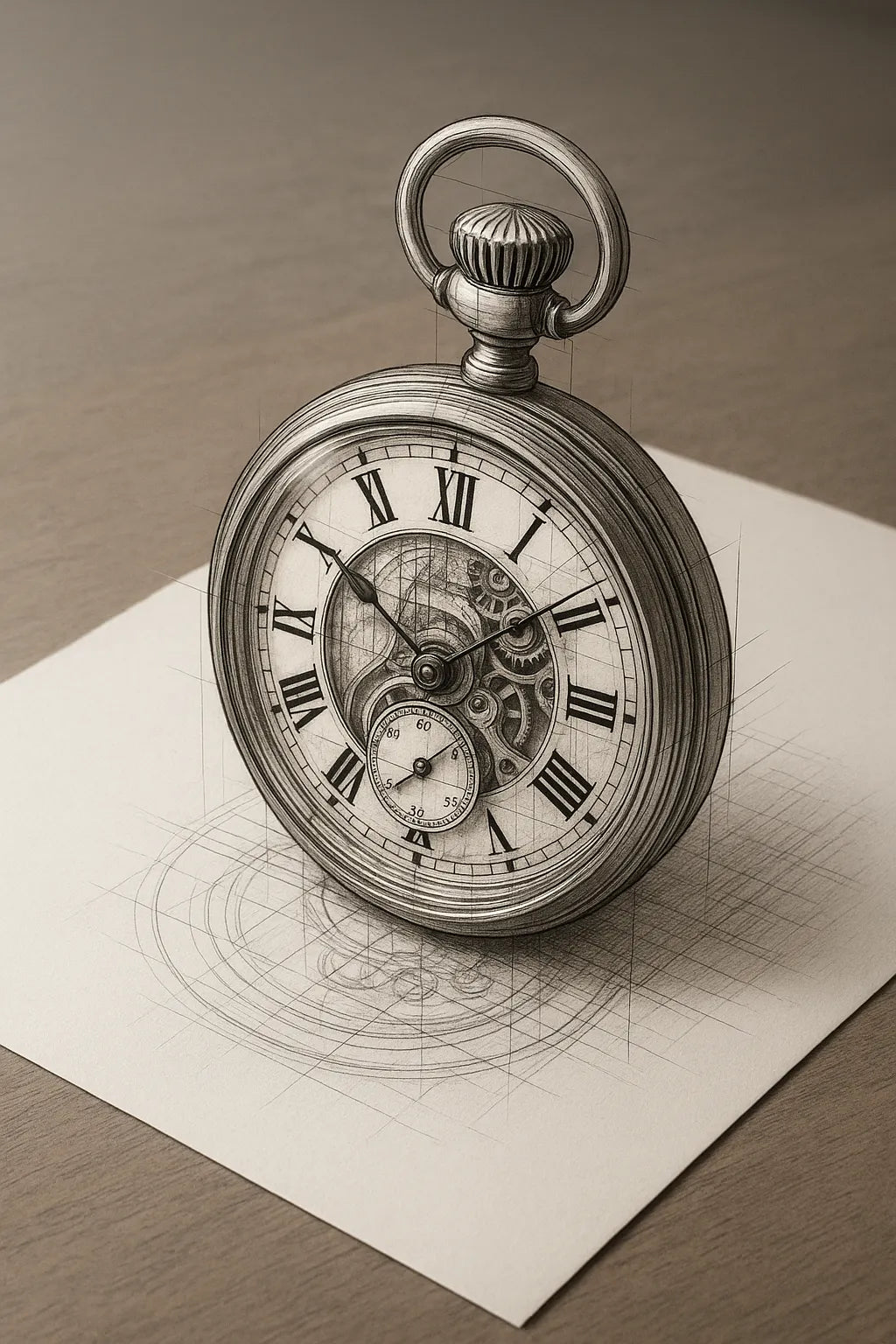 Example output of black-and-white pencil and ink technical sketch generated by a ChatGPT prompt template. Clock.