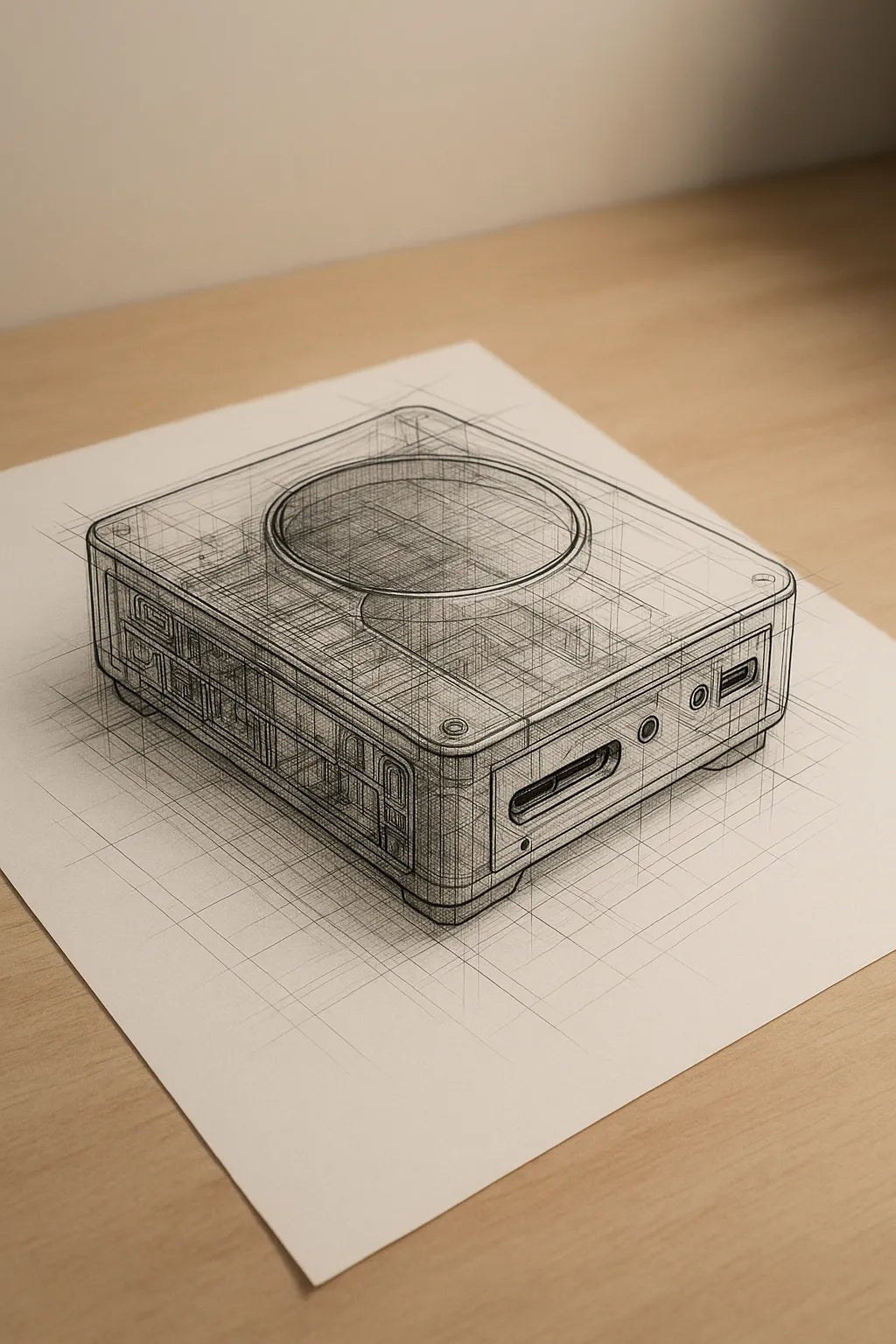 Example output of black-and-white pencil and ink technical sketch generated by a ChatGPT prompt template. Console.