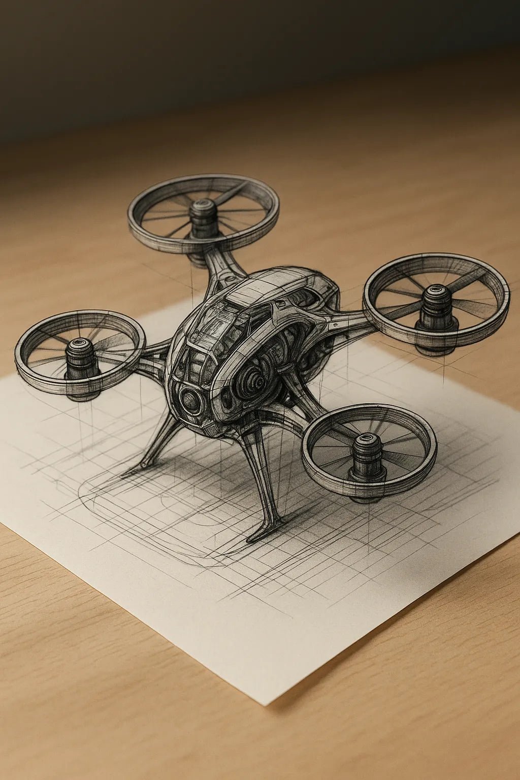 Example output of black-and-white pencil and ink technical sketch generated by a ChatGPT prompt template. Drone.