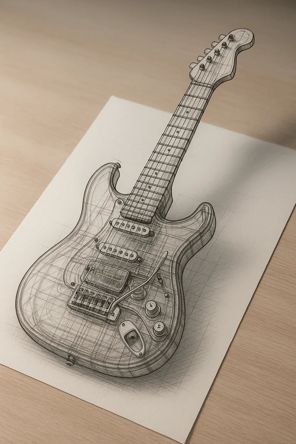 Example output of black-and-white pencil and ink technical sketch generated by a ChatGPT prompt template. Guitar.