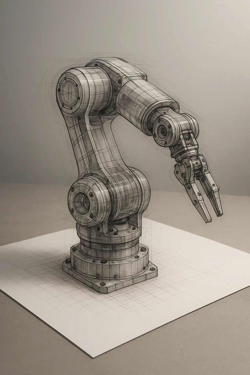Example output of black-and-white pencil and ink technical sketch generated by a ChatGPT prompt template. Machine.