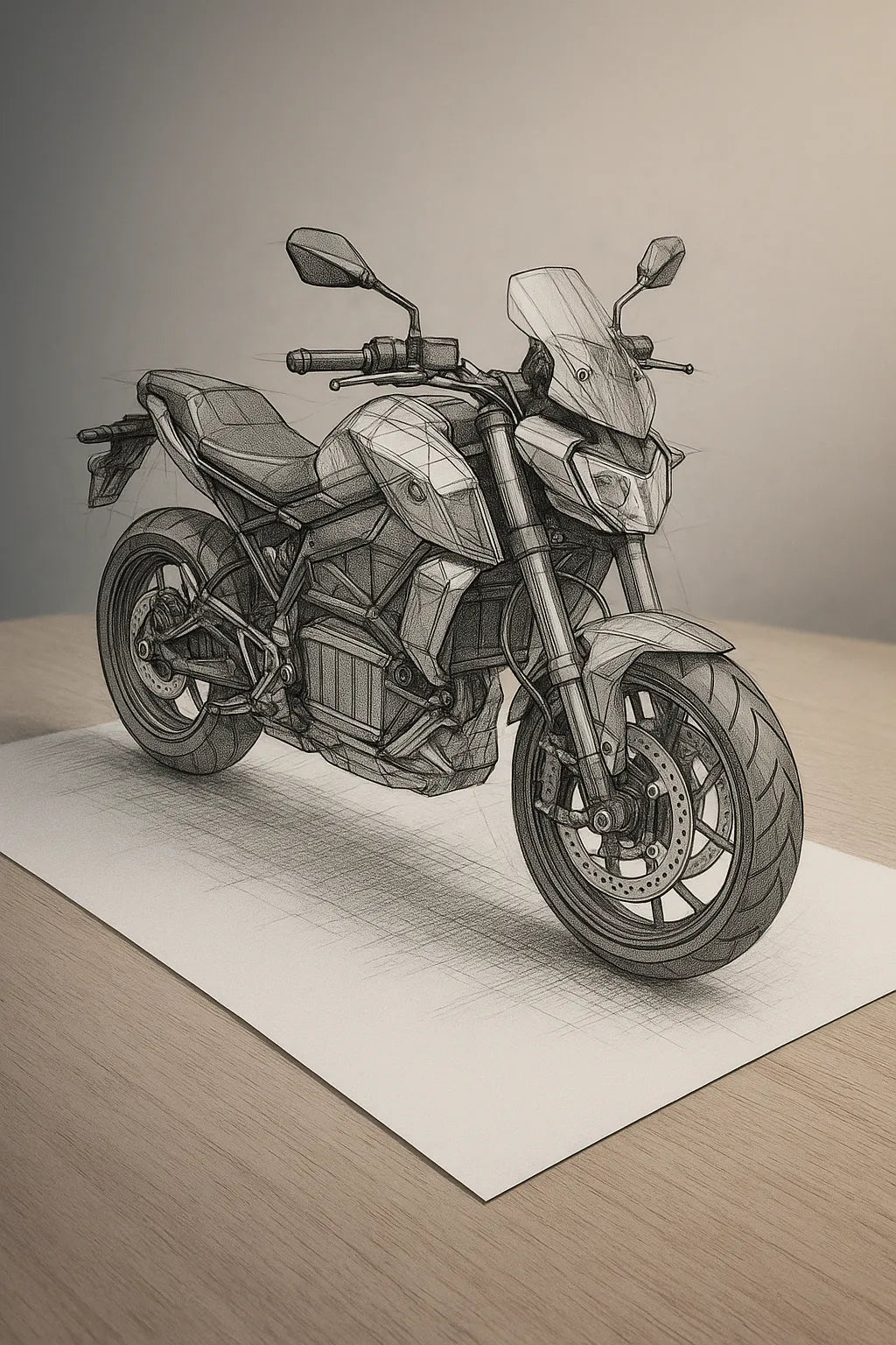 Example output of black-and-white pencil and ink technical sketch generated by a ChatGPT prompt template. Motorcycle.