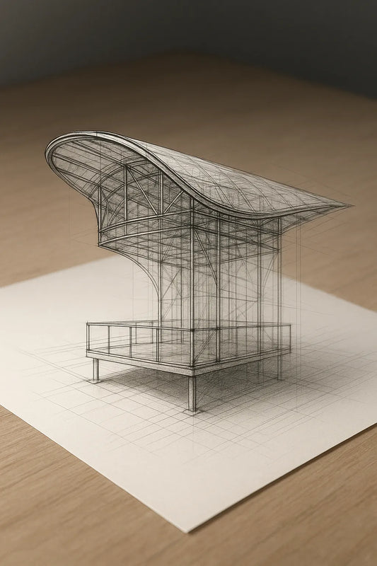 Example output of black-and-white pencil and ink technical sketch generated by a ChatGPT prompt template. Stage.