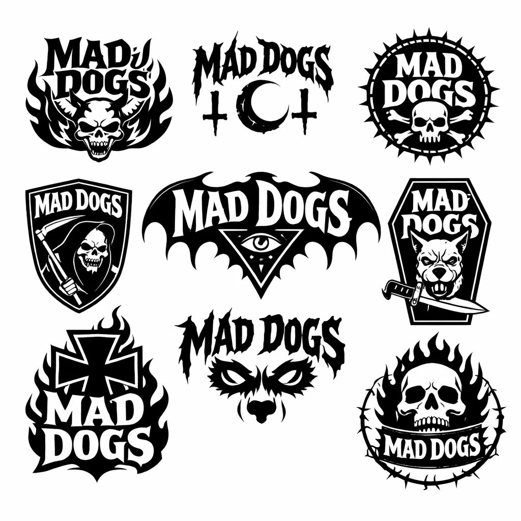 Bold black emblem and badge logo designs with symbols, and custom typography on a white background: Mad Dogs