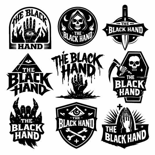 Bold black emblem and badge logo designs with symbols, and custom typography on a white background: The Black Hand