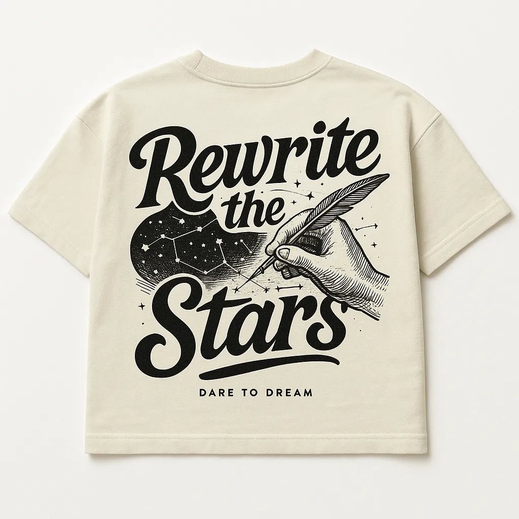 Example output from the Bold Lettered Tshirt Back Art ChatGPT prompt: oversized t-shirt graphics with bold phrases, featuring vintage-style lettering. Rewrite the stars.