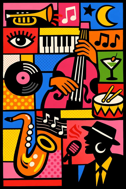 Example output from the Bold Modular Poster Collage ChatGPT prompt: Music Instruments