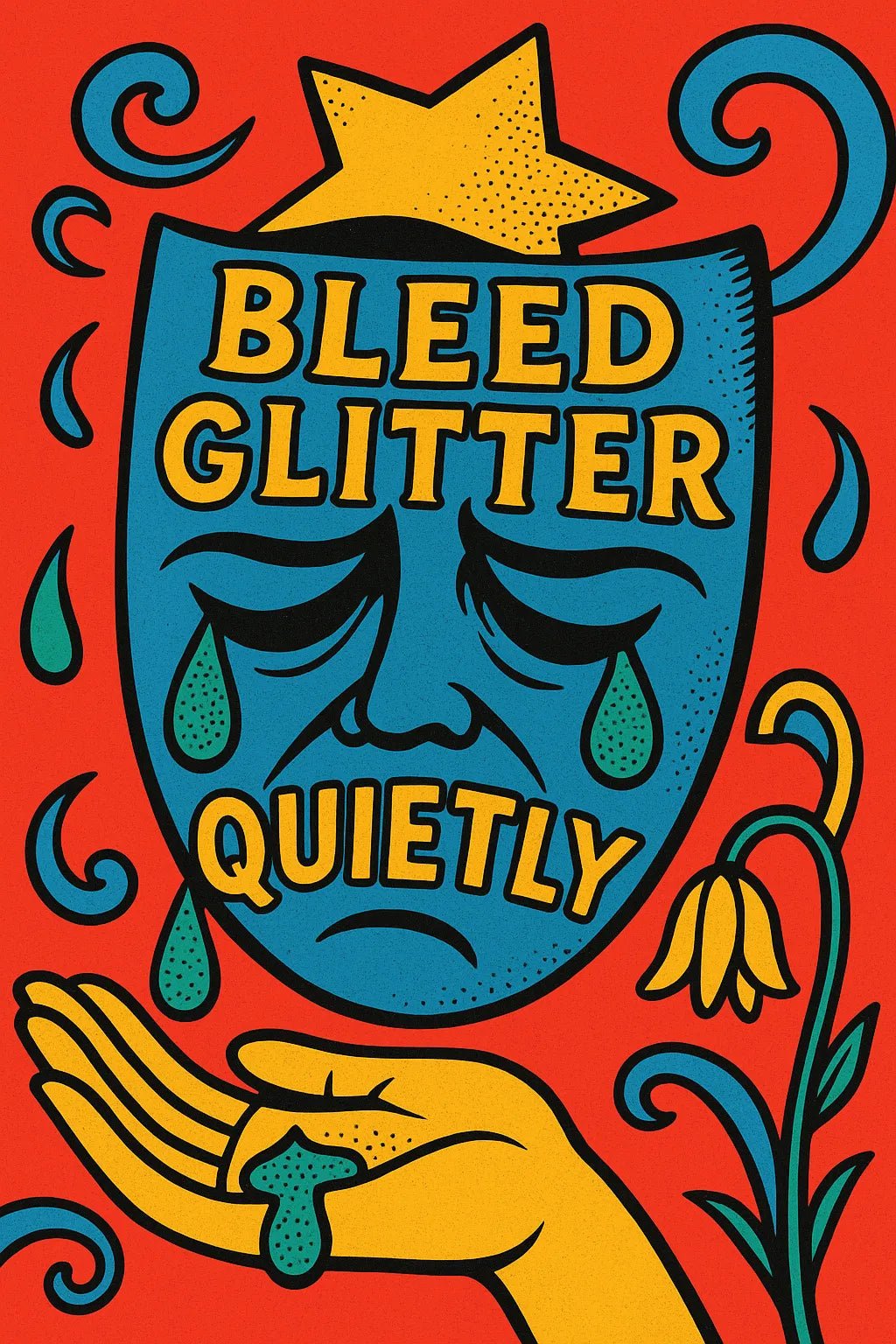 Example output from the Bold PopSurreal Quote Art Posters ChatGPT prompt: Bleed Glitter Quietly.