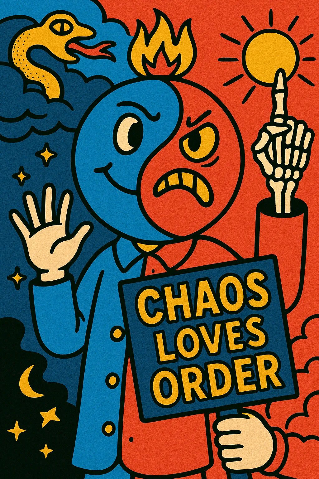 Example output from the Bold PopSurreal Quote Art Posters ChatGPT prompt: Chaos loves order.