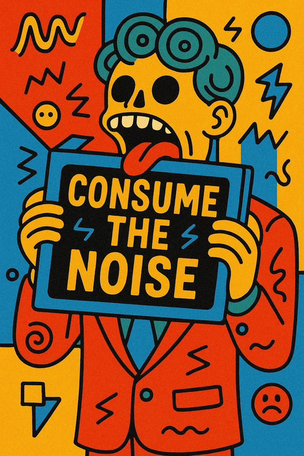 Example output from the Bold PopSurreal Quote Art Posters ChatGPT prompt: Consume the noise.