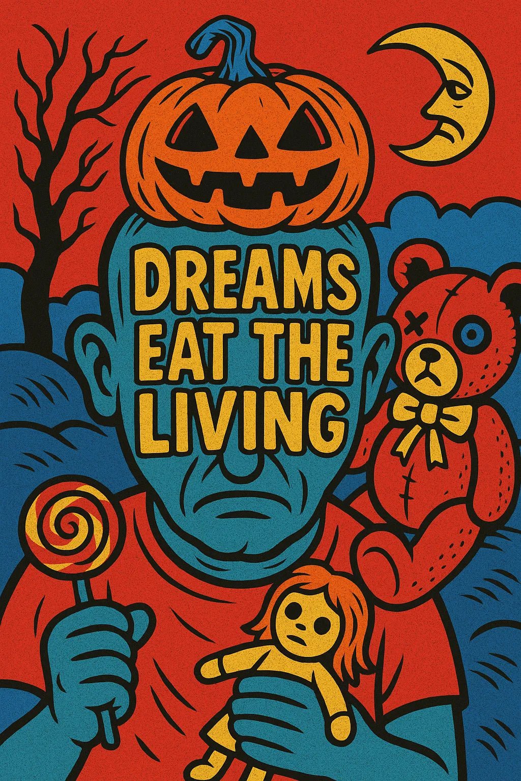 Example output from the Bold PopSurreal Quote Art Posters ChatGPT prompt: Dreams eat the living.