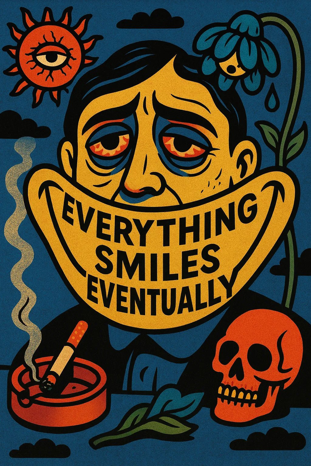 Example output from the Bold PopSurreal Quote Art Posters ChatGPT prompt: Everything smiles eventually.