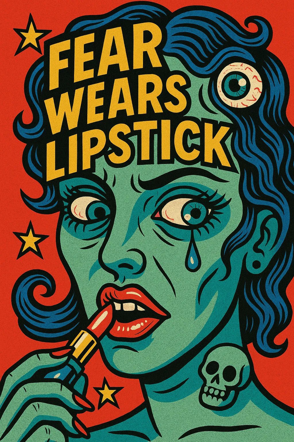 Example output from the Bold PopSurreal Quote Art Posters ChatGPT prompt: Fear wears lipstick.