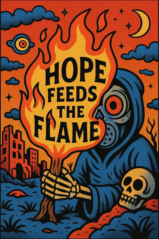 Example output from the Bold PopSurreal Quote Art Posters ChatGPT prompt: Hope feeds the flame.